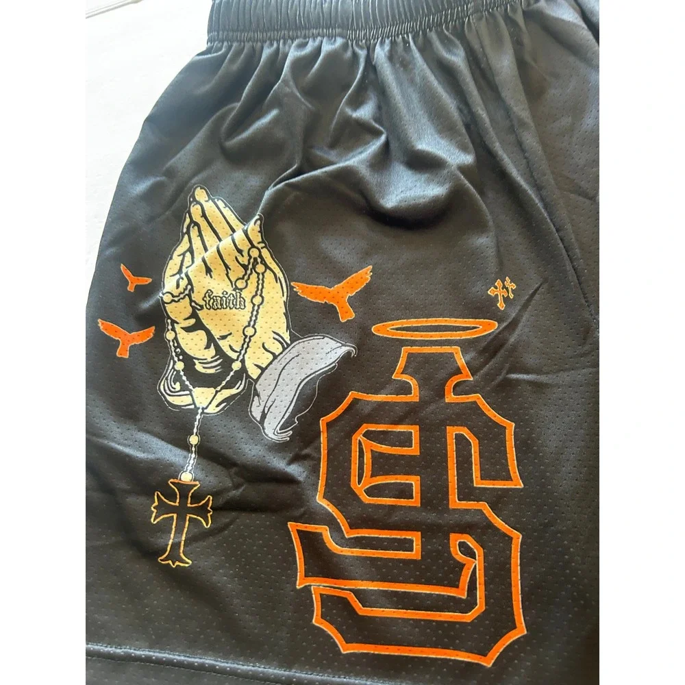 ASAP Worldwide Kids Mesh Basketball Shorts Black SF Praying Hands Graphic Small